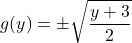 \[      g(y) = \pm\sqrt{\frac{y+3}{2}} \]